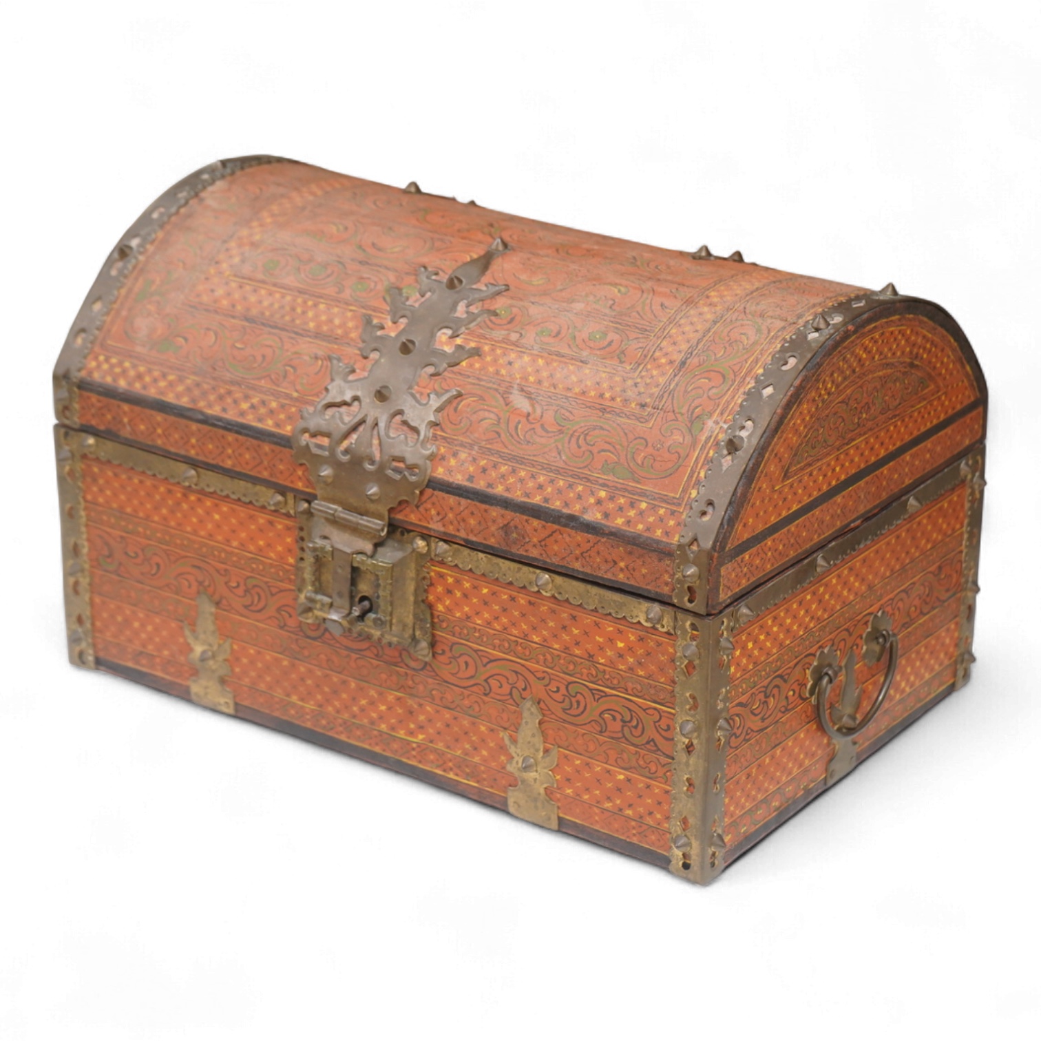 A Tibetan brass mounted painted wood dome casket, 36cm wide